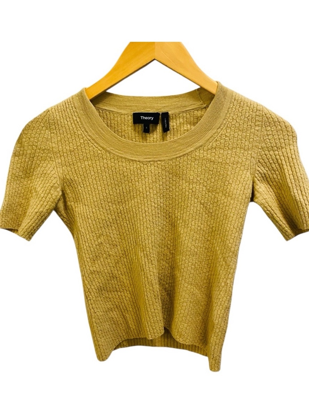 THEORY Tan Ribbed Short Sleeve Sweater